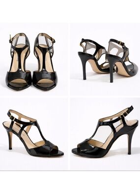 Charles David Black Patent T-Strap Peep Toe Heels 4.5” Stiletto Size 8